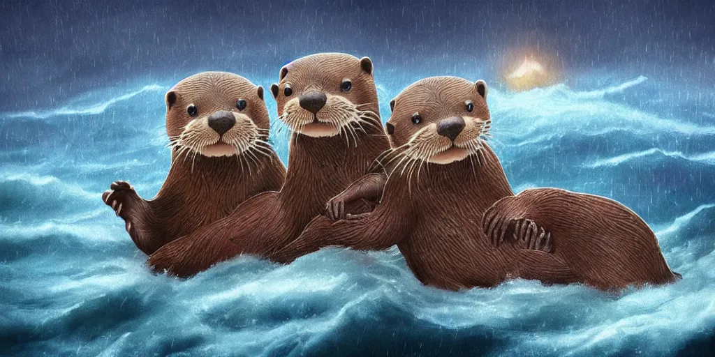 Image similar to adorable otters falling in love holding hands side by side, all alone in the middle of a scary storm at sea, fantasy illustration, cinematic, award winning, romantic, detailed trending on artstation, masterpiece