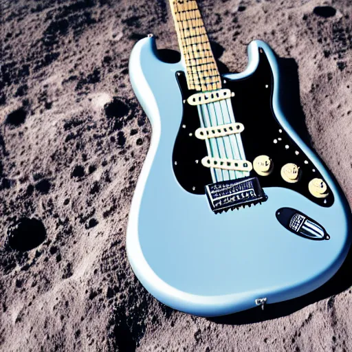 Image similar to an stratocaster electric guitar sitting idle on the moon