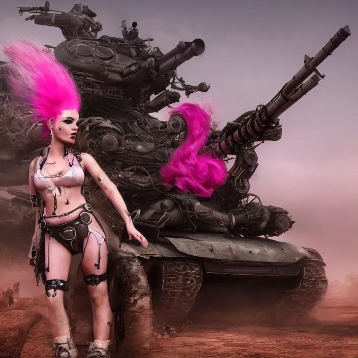 Image similar to beautiful apocalyptic woman with pink Mohawk, posing on mad max panzer tank, 4k ultra hd, fantasy dark art, artstation, octane render