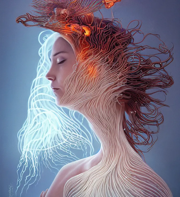 Image similar to portrait of a goddess of death with (reaction diffusion) scaled fish skin Bioluminescent phoenix jellyfish, burning phoenix halo, Her breath shot a haze of steam out into the frosty morning air concept, soft light, soft mood, realistic body features and face, illustration,intricate ornament halo, painting oil on canvas by Elena Zhurikhina and Goro Fujita and Charlie Bowater, octane render trending on artstation, 4k, 8k, HD