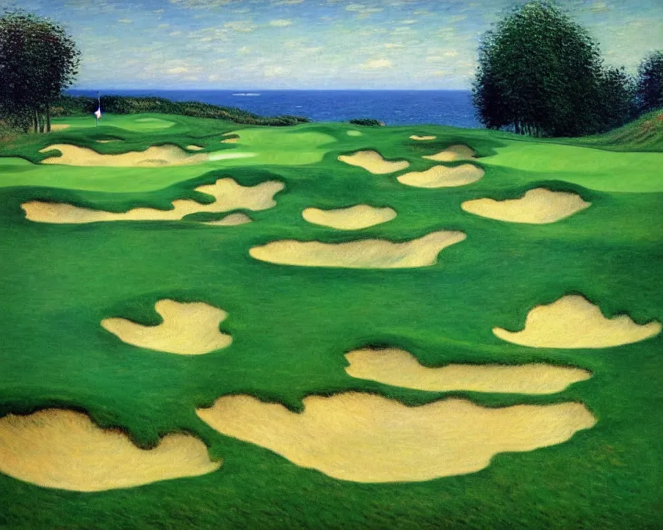 Image similar to achingly beautiful painting of pacific dunes golf course by rene magritte, monet, and turner.