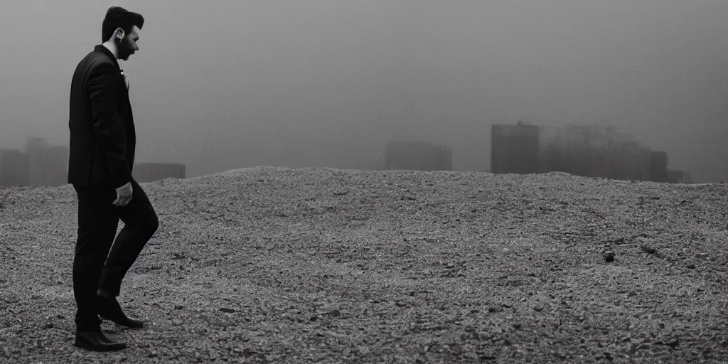 Prompt: a man wearing a dark suit, cinematic, 8 5 mm anamorphic lens, atmospheric, hazy, lights in the distance, depth of field