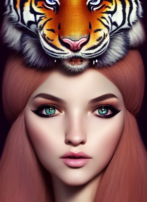 Prompt: portrait of princess, tiger hat, intricate, sharp focus, octane render, realistic, detailed, beautiful, unreal engine, symmetrical!!, maybelline, sephora, loreal, artstation, art by artgerm, rossdraws, art by karol bak, makeup by pat mcgrath, cinematic, concept art, filmic, vsco