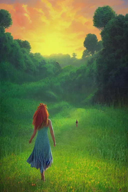 Image similar to giant corn flower head, girl walking in a green valley, surreal photography, sunrise, dramatic light, impressionist painting, colorful clouds, digital painting, artstation, simon stalenhag