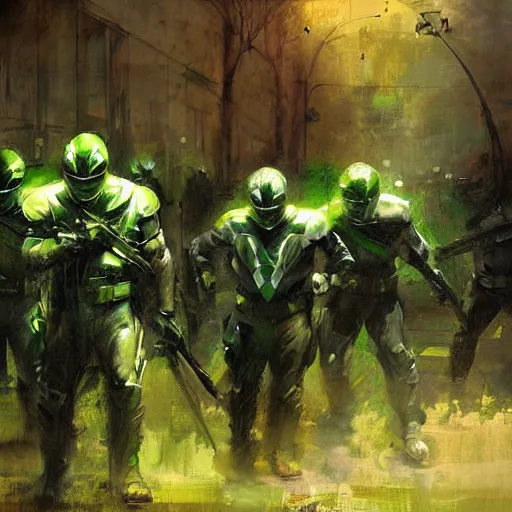 Image similar to green rangers, realistic, ultrahd, jeremy mann painting