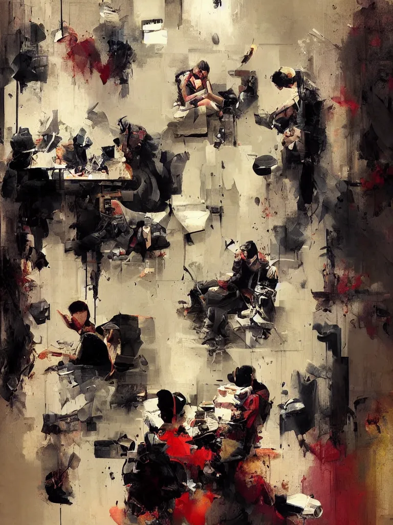 Image similar to a beautiful picture by joram roukes of people looking at their phone in a bathroom, color bleeding, brushstrokes by jeremy mann