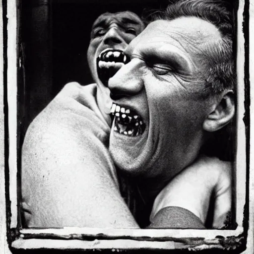 Image similar to hyper realistic vintage photograph of a vampire biting an old mans neck outside of a bar at night detailed faces, grain, old, monochrome, wide angle