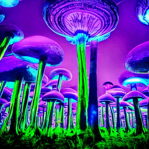 Image similar to giant mushroom forest, glowing green and blue, glowing eyes, tendrils