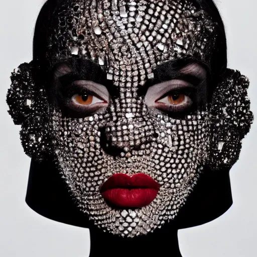 Prompt: a photograph of a woman with dark make-up around her eyes and red lipstick with slicked-back black hair wearing an outrageous Alexander McQueen mesh face jewelry across her face, encrusted with hanging beads and diamonds, haute couture, high fashion, Eiko Ishioka, film still, 16mm