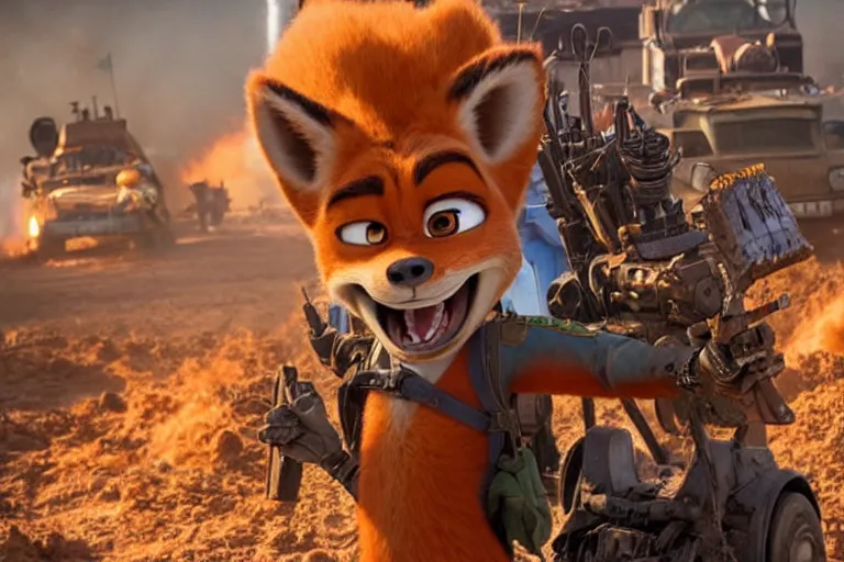 Image similar to nick wilde ( from zootopia ), heavily armed and armored facing down armageddon in a dark and gritty reboot from the makers of mad max : fury road : witness me