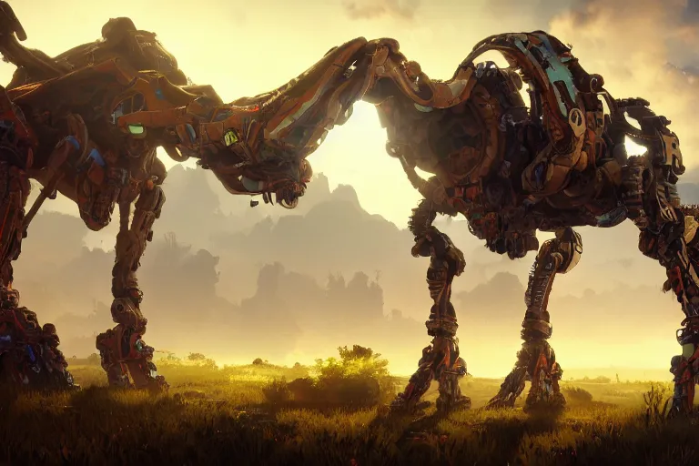 Image similar to tallneck machine mecanical creature robot of horizon forbidden west horizon zero dawn bioluminiscence global illumination ray tracing hdr fanart arstation by ian pesty and alena aenami artworks in 4 k