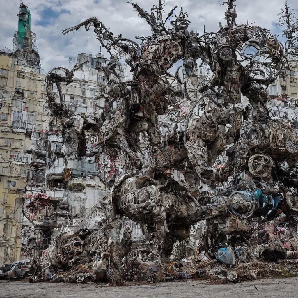 Prompt: big post apocalyptic dog made of junk in moscow