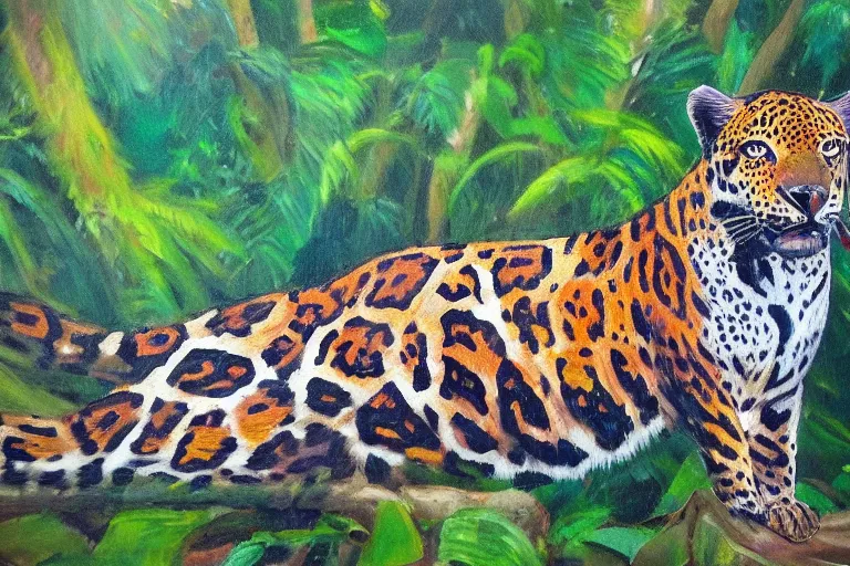 Prompt: beautiful impressionist painting of a jaguar in the rainforest