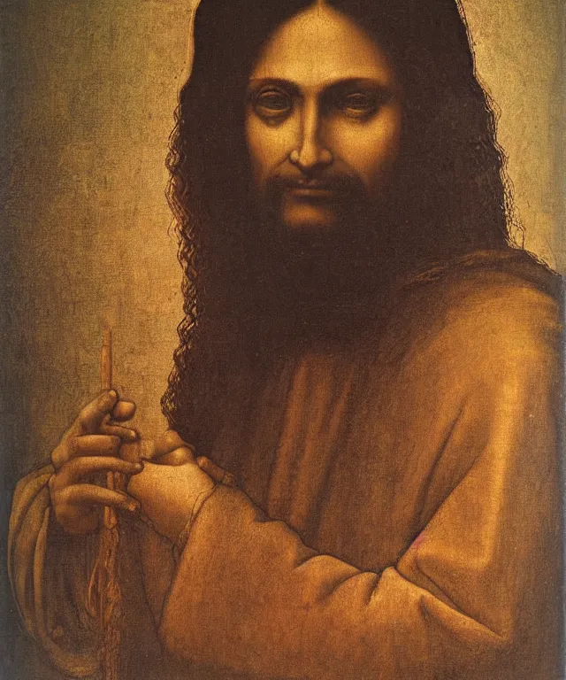 Image similar to portrait of mexican jesus, leonardo di vinci, painting