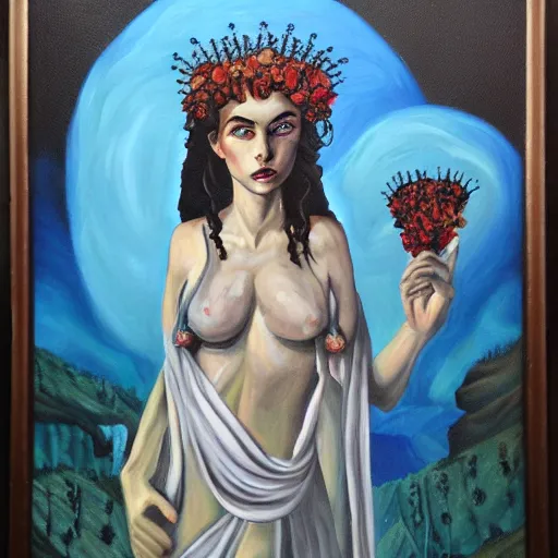 Image similar to Persephone, queen of the underworld, oil on canvas