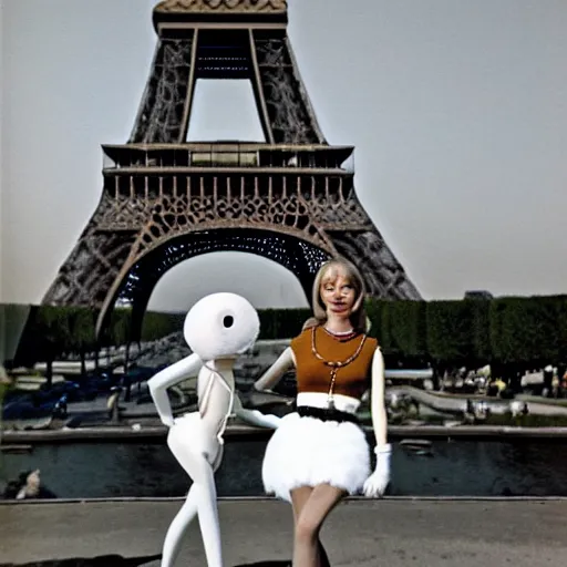 Prompt: 1976 film still glamorous woman photo and her friend, a puppet that looks like Caspar the Friendly Ghost, in front of the eiffel tower, 16mm film live soft color, earth tones and some primary colors 1976, archival footage, in style of doris wishman russ meyer, woman looks like sharon tate