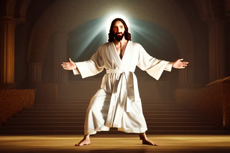 Prompt: jesus christ wearing a white robe strikes a dance pose as the world burns around him, intricate, hyper detailed, accent lighting, dramatic light, 4 k octane render ; renaissance painting