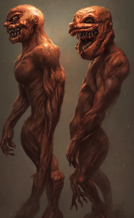 Image similar to full body portrait of of a two headed monster smiley creepily, dynamic lighting, photorealistic, fantasy concept art, ambient lighting, atmospherical, stunning visuals, creative, cinematic, ultra detailed, trending on art station