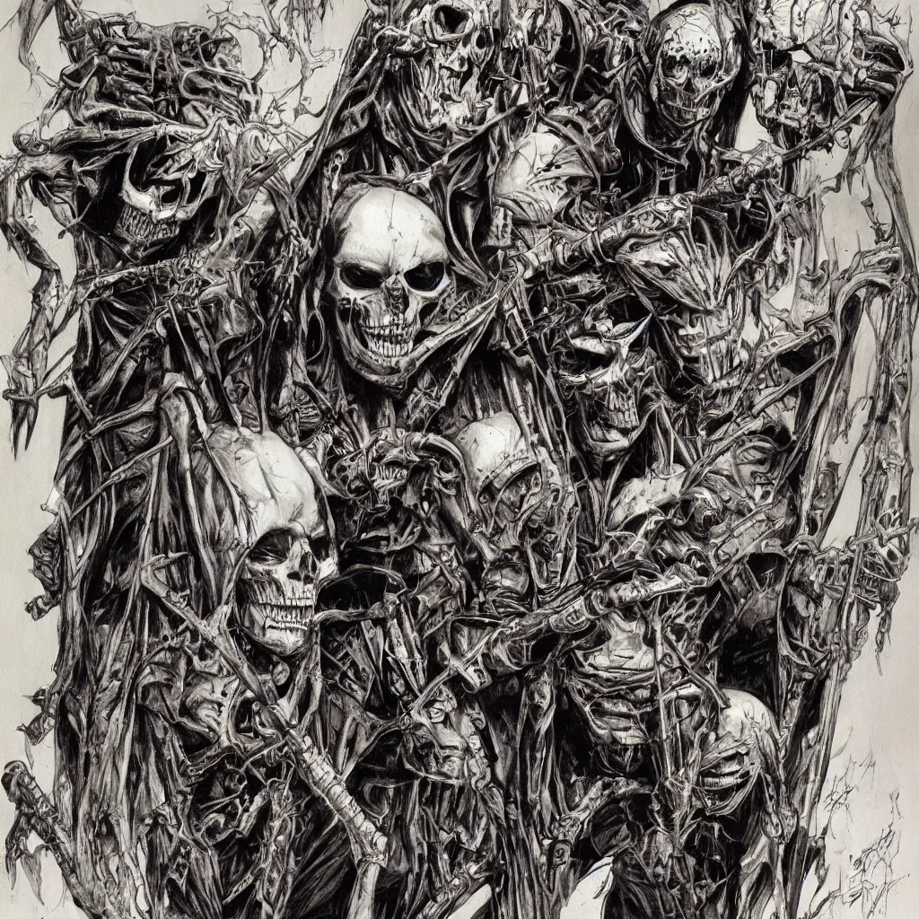 Prompt: judge death and vic rattlehead by simon bisley and h.r. giger