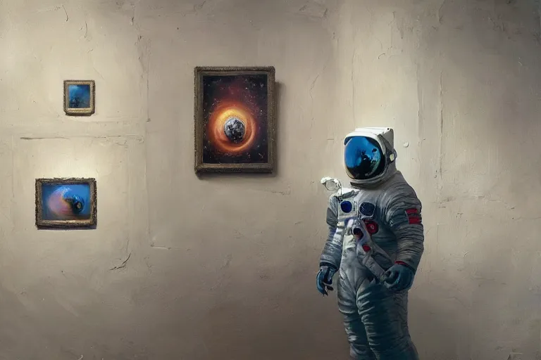 Prompt: an astronaut in an art gallery, surrealism, art gallery full of floating paintings, expressive oil painting, by greg rutkowski, by james gilleard, digital, trending on artstation, octane render, highly detailed