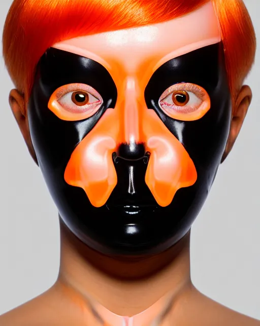 Prompt: symmetrical close - up portrait of a woman wearing a translucent silicone beauty mask and orange hair, wearing a black bodysuit by alexander mcqueen, black background, soft diffused light, biotechnology, humanoide robot, bjork aesthetic, translucent, by rineke dijkstra, intricate details, highly detailed, masterpiece,