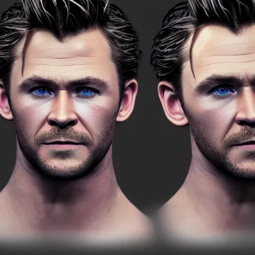 Image similar to Chris Hemsworth and Tom Hiddleston crossbreed, rendered in 3D by Xie Boli, trending on artstation, 4k, 8k, photorealistic imagery, photorealistic details, intricate, highly detailed