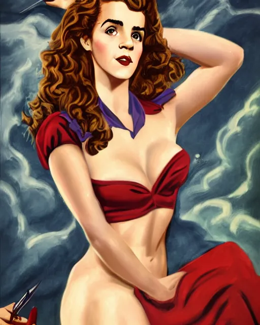 Prompt: pinup photo of hermione granger by emma watson in the crowded square of hogwarts, by enoch bolles, glossy skin, pearlescent, very coherent, very detailed