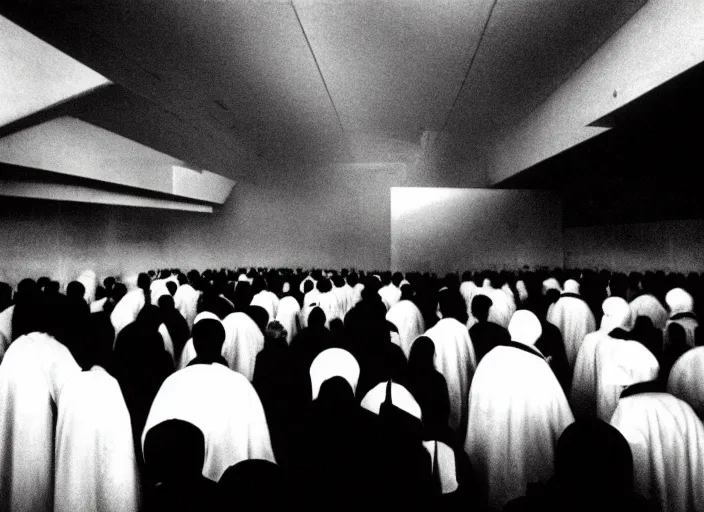 Prompt: realistic photo of the dark black clouds in an empty room. people in white robes are watching. displays are shiny 1 9 9 0, life magazine reportage photo