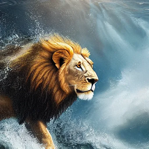 Image similar to a male lion's face breaching through a wall of water, headshot, water sprites, splashing, deep blue ocean, highly detailed, realistic digital art, trending on artstation