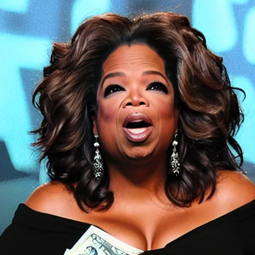 Image similar to oprah screaming, holding dollar bills, in studio