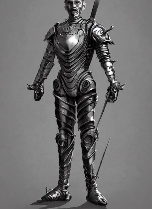 Image similar to powerful male tin man, willem dafoe as tinman, full body character concept, covered in full metal armor, plating, art nouveau, super powers, fantasy, intricate, elegant, highly detailed, digital painting, artstation, concept art, shining, sharp focus, illustration, art by stanley lau