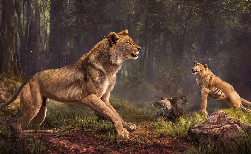 Image similar to a lioness hunting a wolf in a magical forest. painting, fantasy, fur shader, dramatic lighting, dawn, 8 k, sharp focus, global illumination, paid artwork, portfolio, detailed and intricate environment