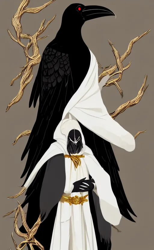 Image similar to raven headed male warlock doing wind magic, white and gold robes, exquisite details, full body character design on a white background, by studio muti