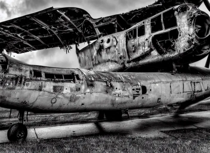 Image similar to black and white photograph of a crashed abandoned military jet in kansas city, rainy and foggy, soft focus