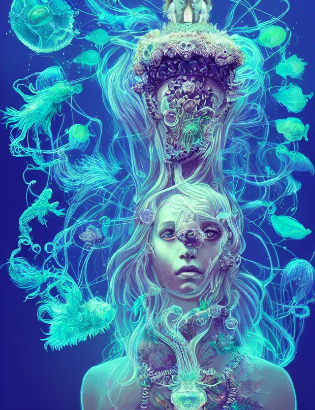 Image similar to goddess macro shouler portrait from bottom to top in crown made of ram skull. betta fish, jellyfish phoenix, bioluminiscent, plasma, ice, water, wind, creature, super intricate ornaments artwork by tooth wu and wlop and beeple and greg rutkowski and alexander fedosav