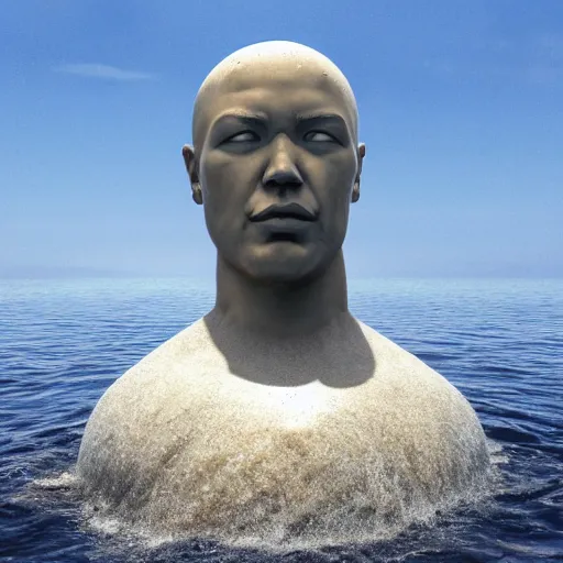 Prompt: a giant sculpture of a human head on the ocean, made purely out of water, cinematic, in the style of chad knight, long shot, hyper detailed, hyper realistic, ray tracing, 8 k resolution, sharp focus, realistic water, award winning