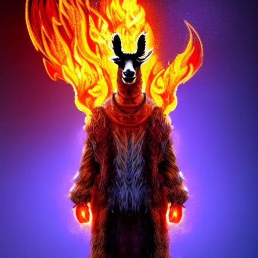 Prompt: picture of an humanoid llama wizard, made of flames and surrounded by flames, hyperrealistic, highly detailed, 1 6 k, high quality, diffuse light, intricate, digital painting, trending in artstation, smooth marble surfaces, volumetric light, cinematic