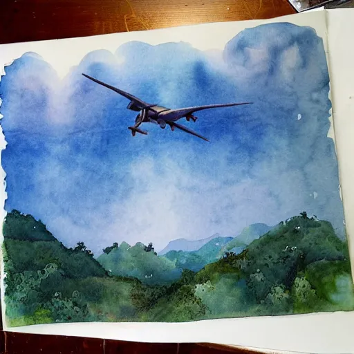 Prompt: laputa castle in the sky flies over the forest, watercolor illustration for a book