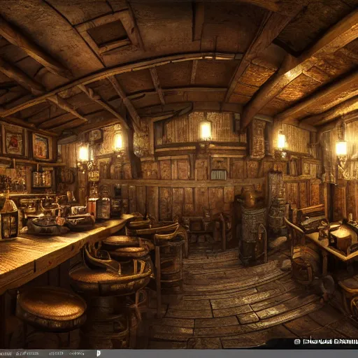 Prompt: Realistic Interior Concept design of very very very highly detailed Tavern in Mixed style of Medieval and in style of Cyberpunk, Many details by Hiromasa Ogura. More cyberpunk less Medieval. Panorama 360 degrees Rendered in unreal engine 5, artstationHD, 4k, 8k, 3d render, 3d Houdini, cinema 4d, octane RTX volumetric natural light