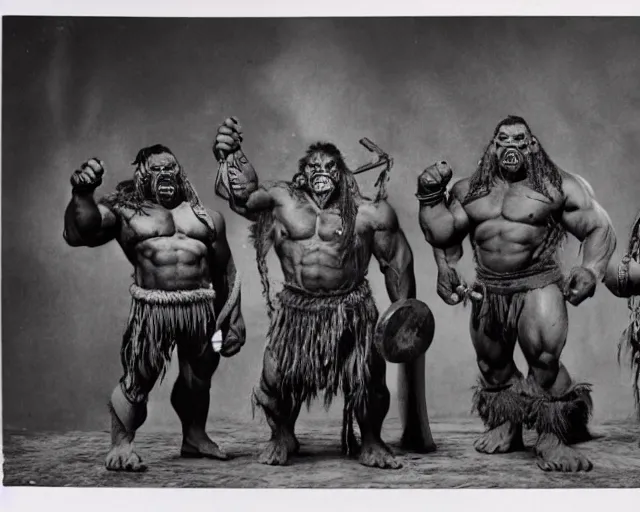 Image similar to hyper realistic group vintage photograph of a warrior orc tribe, tall, muscular, hulk like physique, sharp fangs and tusks, big arms, big hands, big feet, armored, tribal paint, highly detailed