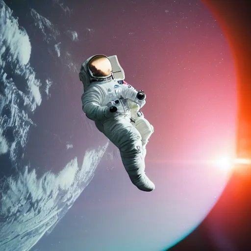 Prompt: photograph of an astronaut in space, singular light source from below, earth only visible below, full body photo, 8 k