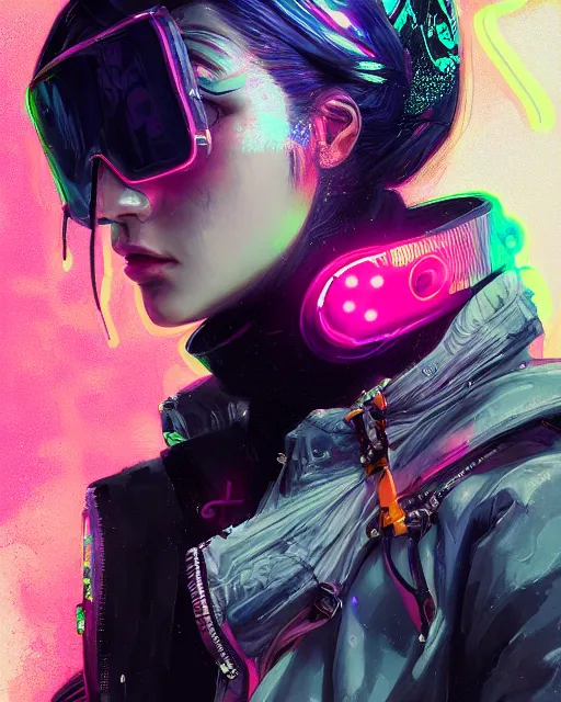 Image similar to detailed side profile portrait Neon Operator Girl, cyberpunk futuristic neon, reflective puffy coat, decorated with traditional Japanese ornaments by Ismail inceoglu dragan bibin hans thoma greg rutkowski Alexandros Pyromallis Nekro Rene Maritte Illustrated, Perfect face, fine details, realistic shaded, fine-face, pretty face