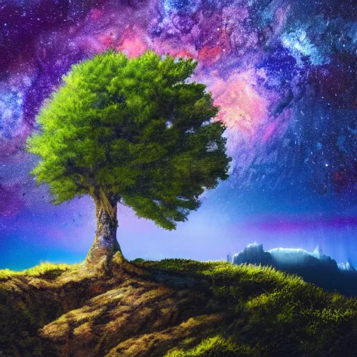 Image similar to a tree on edge of cliff, overlooking space abyss, small tree, cliff edge, looking down, painting, highly detailed, artstation award, milky way galaxy below, edge of the world, ultra realistic, colorful