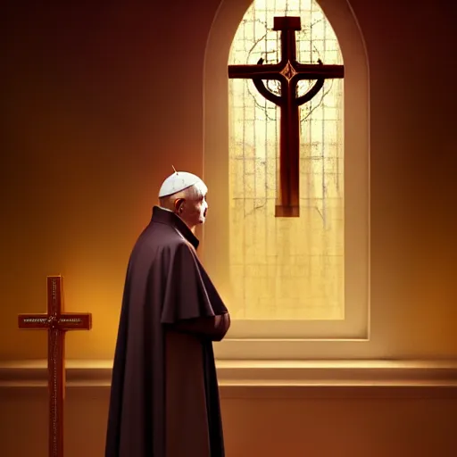 Image similar to pope benedict xvi standing in a curch, digital painting, greg rutkowski, artstation, cinematic, matte painting