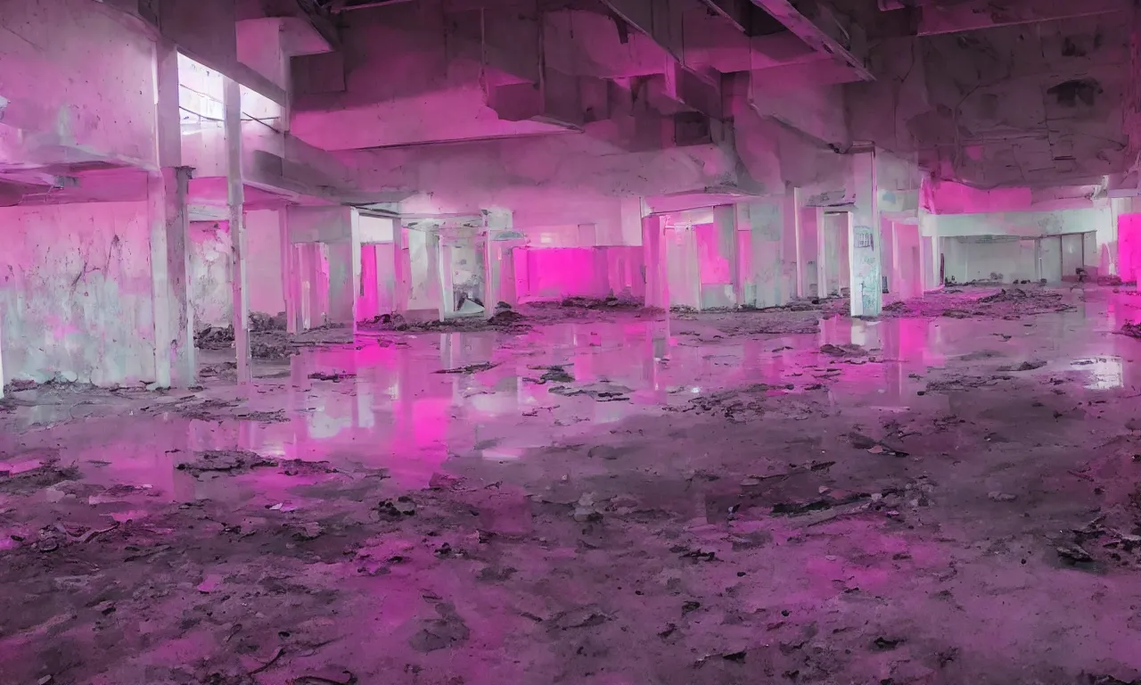 Prompt: backrooms abandoned mall, ominous neon pink and purple vaporwave lighting, moldy walls and shallow water, shadowy tall figures in the distance, bright smile in a dark spot