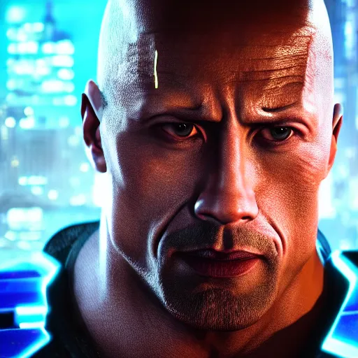 Prompt: dwayne johnson portrait, cyberpunk 2 0 7 7, cyberpunk v, johnny silverhand, photorealistic, ultra detailed, neon, octane, bokeh, cinematic lighting, cyber, cyberpunk city, studio quality, feature, scars, cyberface, 8 k