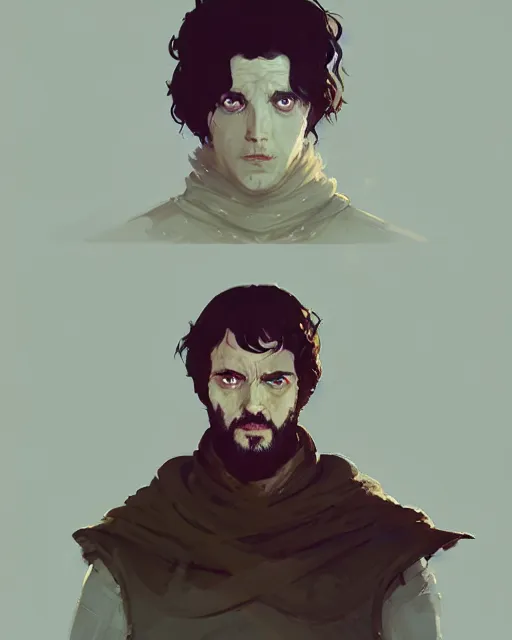 Image similar to portrait of raven male lord from game of thrones with dark hair and golden eyes, by atey ghailan, by greg rutkowski, by greg tocchini, by james gilleard, by joe fenton, by kaethe butcher, dynamic lighting, gradient light blue, brown, blonde cream and white color scheme, grunge aesthetic