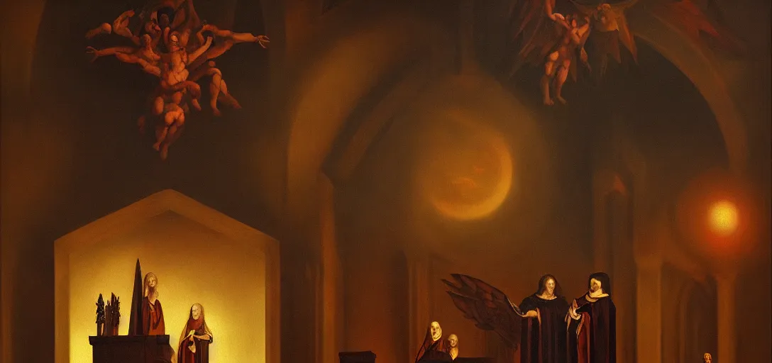 Image similar to baroque oil painting of satan in church, brutalist, dark fantasy, sunset, rule of thirds, digital cel shading, fake hidden detail, trending on pixiv fanbox