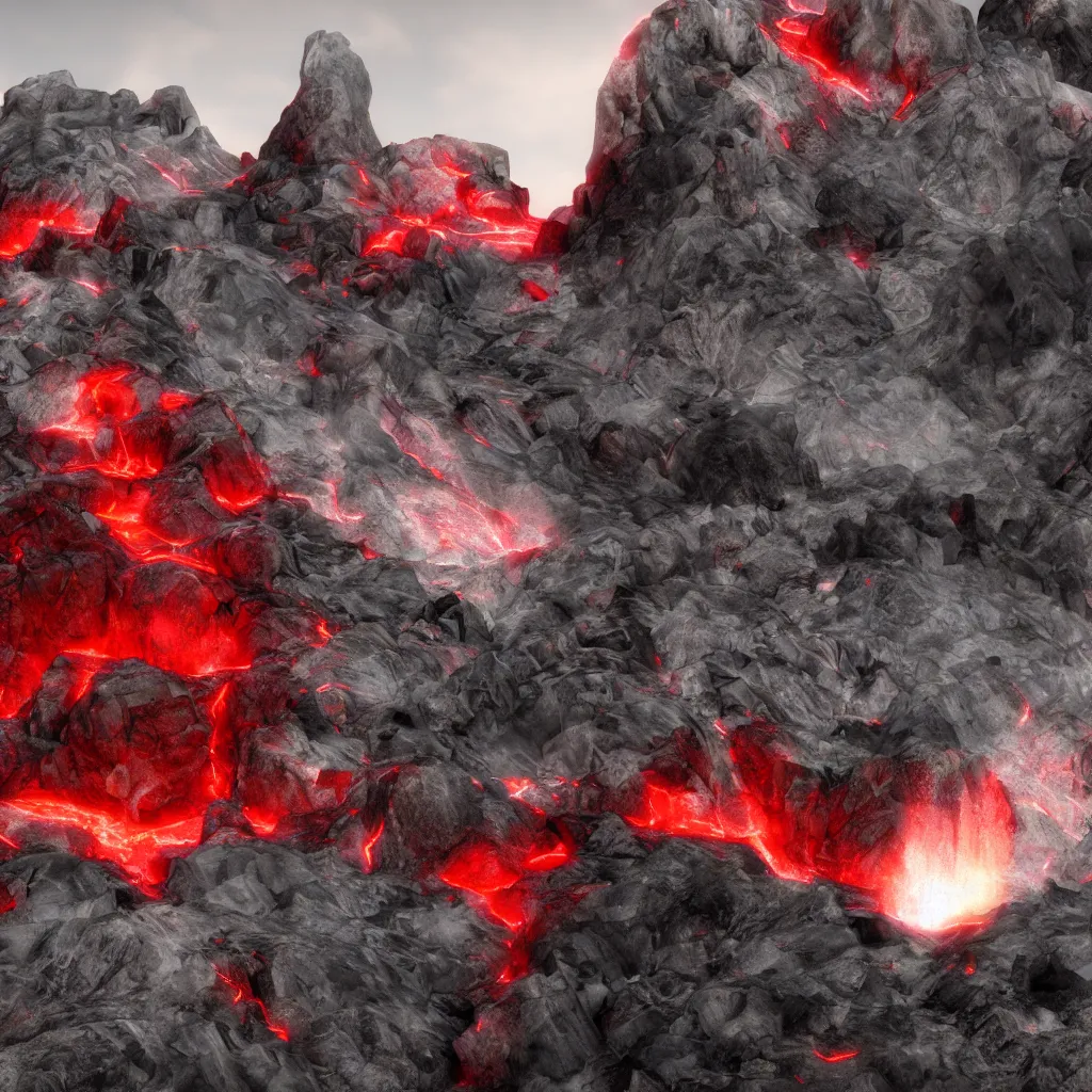 Image similar to satanic mountain goats with glowing red eyes on a sheer obsidian cliffside with lavaflow, lava waterfalls, photorealistic landscape render, octane render, vray, beautiful, ambient occlusion, particle effects, light bloom, rtx