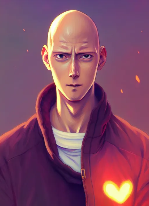 Image similar to handsome saitama, half body shot, path traced, environment, highly detailed, high quality, digital painting, alena aenami, lilia alvarado, shinji aramaki, karol bak, alphonse mucha, tom bagshaw